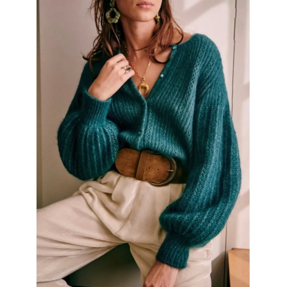 SEZANE Emerald Teal Green Mohair Wool Balloon Sleeve Alyssa Cardigan Sweater - Picture 1 of 13